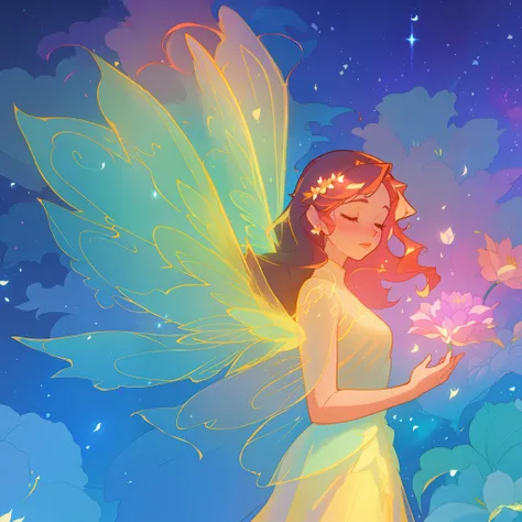 beautiful girl in flowing ballgown dress, (glowing fairy wings), glowing flowing ballgown, long wavy hair, sparkling fairy wings, watercolor illustration, flowers and colorful plants, inspired by Glen Keane, inspired by Lois van Baarle, disney art style, b...