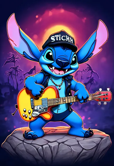 disney animation style disney (stitch:1.3) as lemmy from motörhead, playing guitar on a rock concert, motörhead_cover, record co...