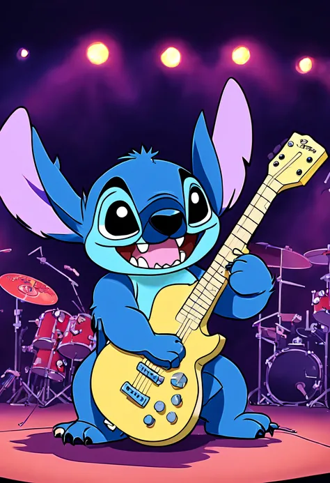 Disney animation style Disney (Stitch:1.3) Lemmy as Motolhead, Playing guitar at rock concerts, Motolhead_cover, Record covers, ,,. Bright colors, fluid movement, Charming characters, Wholesome storytelling, hand-drawn animation