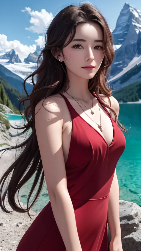 masterpiece,ultra realistic,32k,extremely detailed CG unity 8k wallpaper, best quality,
The Swiss Alps, Switzerland, ( Dark red A-line dress ) ,((spring day )), Beachy waves with a side part ,eardrop,lady ,necklace,