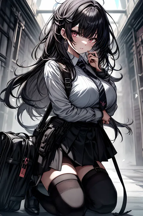 Huza、Background black、a black skirt, neck tie, white  shirt　Pause at the top, Long Black Hair, Gray eyes, holster, Garter belt on the legs, Moderately breasts, hands above your head, Moderate, Pichi Pichi clothes, both sides、Rosa、Rosa、dark in background、Fu...