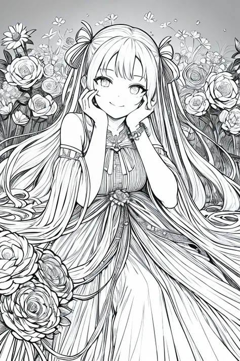 masterpiece, best quality, 1girl, solo, long_hair, looking_at_viewer, smile, dress, ribbon, jewelry, very_long_hair, hair_ribbon, flower, bracelet, two_side_up, hand_on_own_face, head_rest, hand_on_own_cheek, lineart, monochrome,