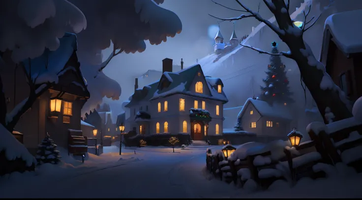 There is a cartoon picture，House with snowman in front, Christmas art style, background artwork, Stylized concept art, Warm art style, arte de fundo, Christmas scene, Christmas atmosphere, A snowy Christmas night, concept art style, mansion, Detailed 2D il...