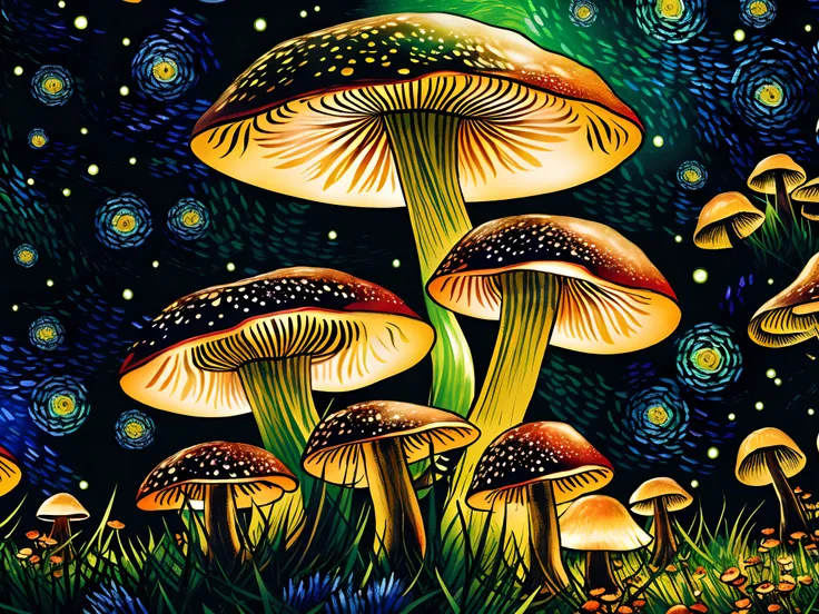 cogumelos，van gogh style，glowing mushrooms，night forest，fireflies are flying，psychedelic style，dream mushrooms，mushroom forest，f...