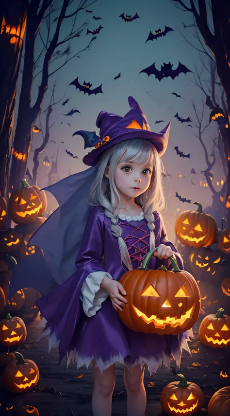 Create an enchanting illustration of a (cute and whimsical Halloween character:1.3) in a (monster costume:1.2) surrounded by (friendly ghosts:1.15) and (mystical creatures:1.1) on Halloween 2023, using vivid and (fantastic colors:1.2), in a (2:3 aspect rat...