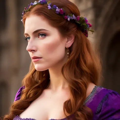 Perfect woman realistic photo, a realistic photo of 30yo medieval woman queen wearing a purple dress, red hair, medieval castle, cold colors,blue eyes, perfect nose, round face, straight eyebrow, cheek bones (1girl), (extremely detailed CG unity 8k wallpap...