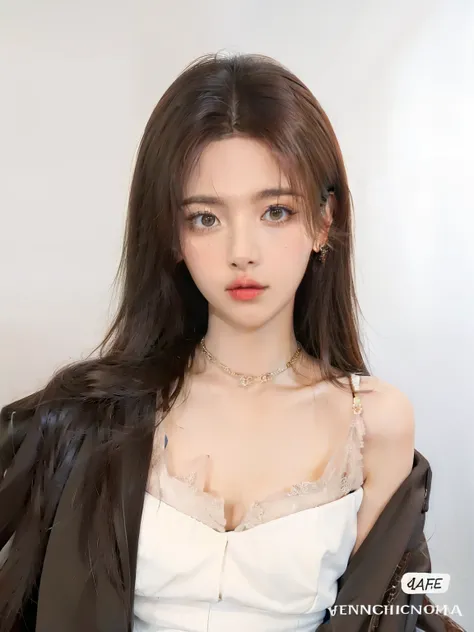 Woman with long brown hair wearing a white blouse and a brown jacket, usando gargantilla, Foto de Slim Girl Model, Retrato de Jossi de Blackpink, modelo Elisa Hess s de acquamodels, ulzzang, Taejune Kim, Jossi de Blackpink, Jinyoung Shin, gargantilla alred...