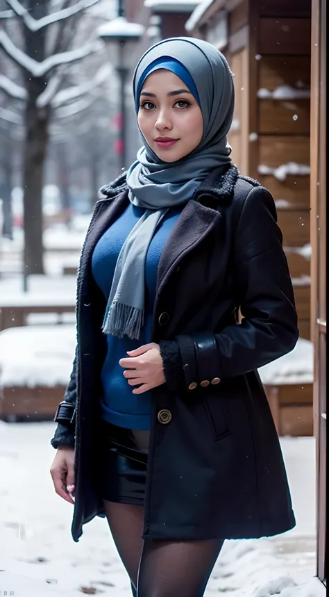 RAW, Best quality, high resolution, Masterpiece: 1.3), Beautiful Malay woman in hijab, Masterpiece, Perfect slim body, (full body),((Big breasts)), Beautiful big eyes, watery eyes, Soft smile, wet lips, wearing  long blue scarf, purple long wool coat, blac...