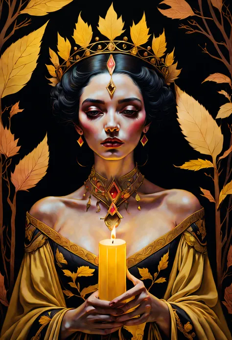 tarot cards, chiaroscuro technique on sensual illustration of an queen of wands, vintage queen, eerie, matte painting, by Hannah Dale, by Harumi Hironaka, extremely soft colors, hint of yellow pastel, vibrant, highly detailed, digital artwork, high contras...