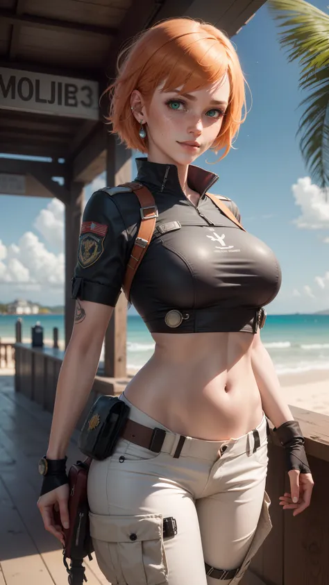 gwen tennyson,tracer,yshtola rhul,yorha 2b,atelier ryza,resident evil,close up,mecha pilot,ocean view,fireworks,tattoos,red and orange plugsuit,white short sleeve silk top,light gray cargo pants,uncovered belly,short hair,cute makeup,green eyes,dimensional...