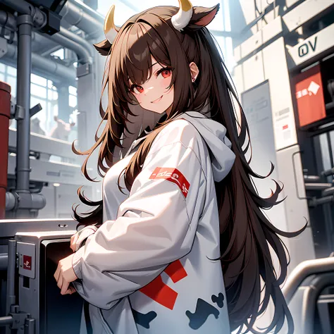 1girl, long brown hair, red eyes, cow ears, cow horn, wearing black and white hoodie like cow pattern, with logo "MOOTA", high res, ultrasharp, 8K, masterpiece, looking at viewer, smiling