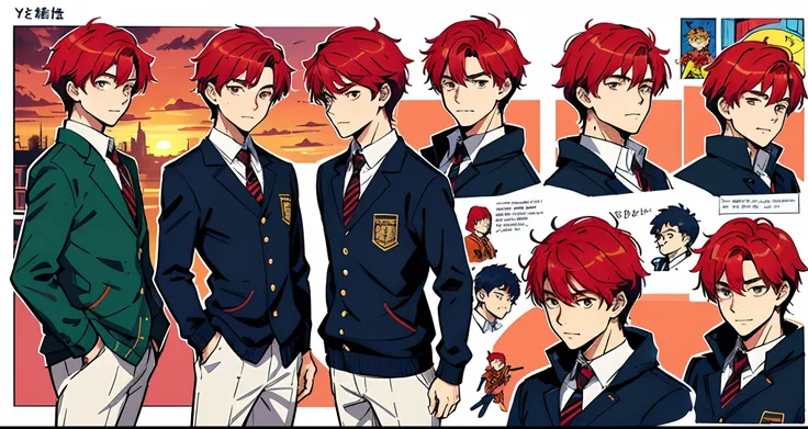 a highschool boy at the school, looking at the sunset, full body, drawing a face in maximum quality, high-quality drawing of the face, character sheet, illustration for book, youngs book, red hair, comics stylish