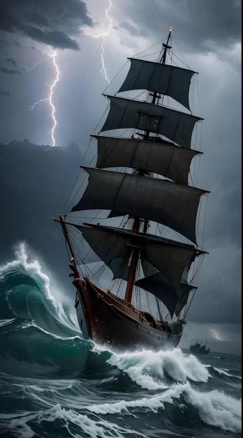 A wooden ship that hits the sea waves in the midst of a rain and lightning storm,epic moments, dark background, adventure