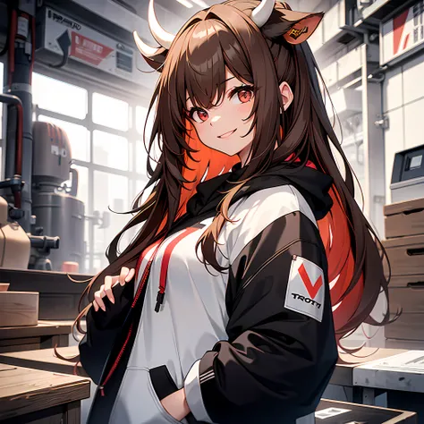 1girl, long brown hair, red eyes, cow ears, cow horn, wearing black and white hoodie like cow pattern, with logo "MOOTA", high res, ultrasharp, 8K, masterpiece, looking at viewer, smiling