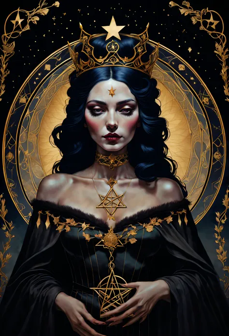 tarot card, chiaroscuro technique on sensual illustration of an queen of pentacle, vintage queen, eerie, matte painting, by Hannah Dale, by Harumi Hironaka, extremely soft colors, hint of gold vibrant, highly detailed, digital artwork, high contrast, drama...