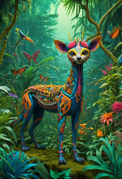 Future genetic engineering will incorporate living organisms into its work of art, Covered by fauna, flora. Alebrije, Masterpiece, hyper HD, Axonometric view, jungles. Cyberpunk