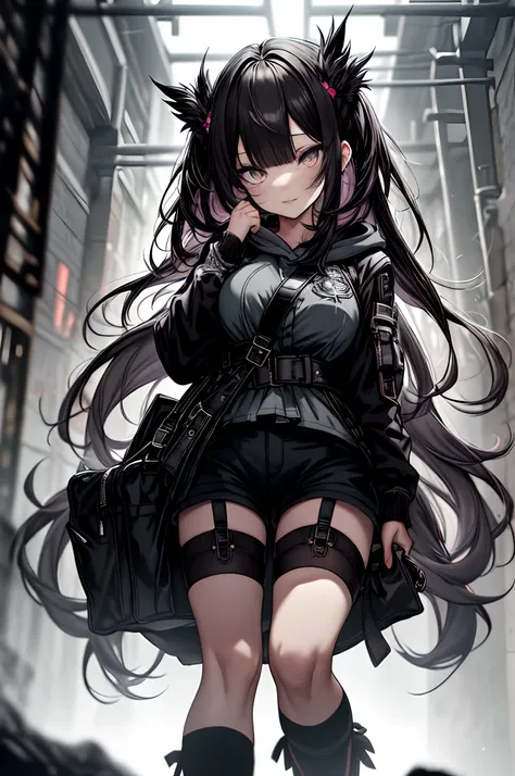 Wearing a hood、Black shorts、Background black、　Pause at the top, Long Black Hair, Gray eyes, holster, Garter belt on the legs, Moderately breasts, hands above your head, Moderate, Pichi Pichi clothes, both sides、Rosa、Rosa、dark in background、Full body、Bag、Hi...