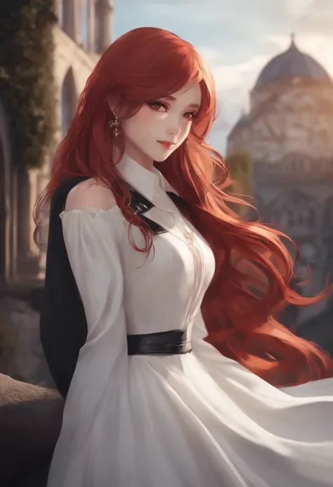 ((masutepiece,Best Quality)),8K Wallpaper,1girl in, Long hair, Red hair, Solo, Dress, Red Eyes, Looking at Viewer, Long sleeves, Standing, building, White Dress, gloves, Hair Ornament, Black jacket, Smile, Floating hair, Dutch Angle, Closed mouth, Looking ...