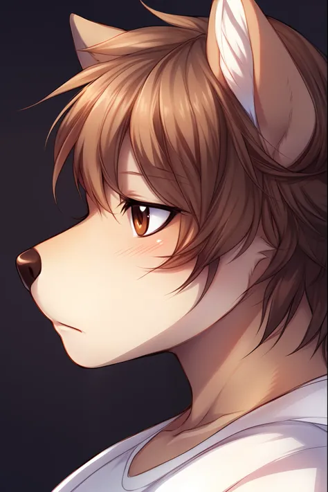 solo:1.3, a cute all tan male wolf, brown shaggy hair, brown eyes, black nose, cute snout, tall, simple background, by fumiko, by tokifuji, white shirt, close up, side view