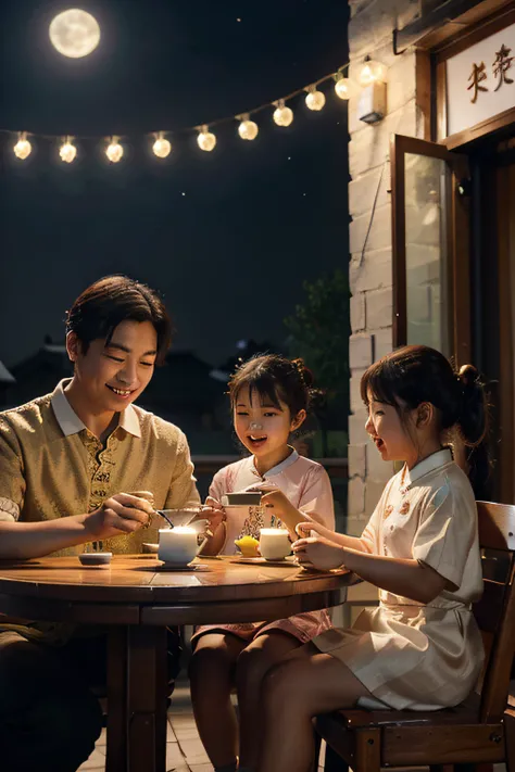 A family eats mooncakes，Men honor their parents with gifts in their hands, Happy family, There are mooncakes on the table,Gift in hand， tea drinking and paper lanterns, Another bright moon in the sky，warm and joyful atmosphere, Digital illustration, Poster...