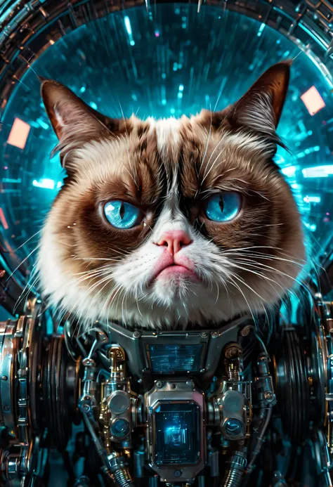 biomechanical style, close up portrait of (the Grumpy Cat:1.25) in a space, looking thru the glass with endless sadness at the universe passing by, 2d masterpiece by john Wilhelm, (grumpy:1.2), (cyberpunk:1.4), photo-realistic, unimaginable space beauty, o...