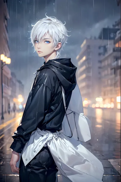 ((4K works))、​masterpiece、(top-quality)、One beautiful boy、Slim body、tall、((Black Y-shirt and white pants、Charming street style))、Please wear one jacket、Wearing a hood to hide his face、(Detailed beautiful eyes)、Morning City、((Rainy city))、Fashionable city w...