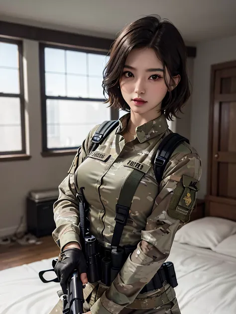 （​masterpiece、ultra fine photos、top-quality、超a high resolution、photorealsitic、foco nítido、bustshot）、beautiful female soldier、del...