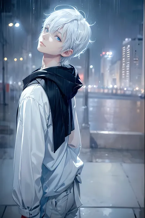 ((4K works))、​masterpiece、(top-quality)、One beautiful boy、Slim body、tall、((Black Y-shirt and white pants、Charming street style))、Please wear one jacket、Wearing a hood to hide his face、(Detailed beautiful eyes)、Morning City、((Rainy city))、Fashionable city w...