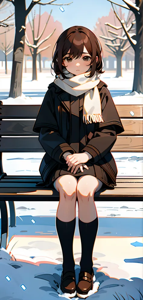 (masterpiece),(best quality), Yuki, brown fur, scarf, Knee thighs, blank eyes, expressionless face, park, waiting, bench, snow, Snowing, tree, Nature,