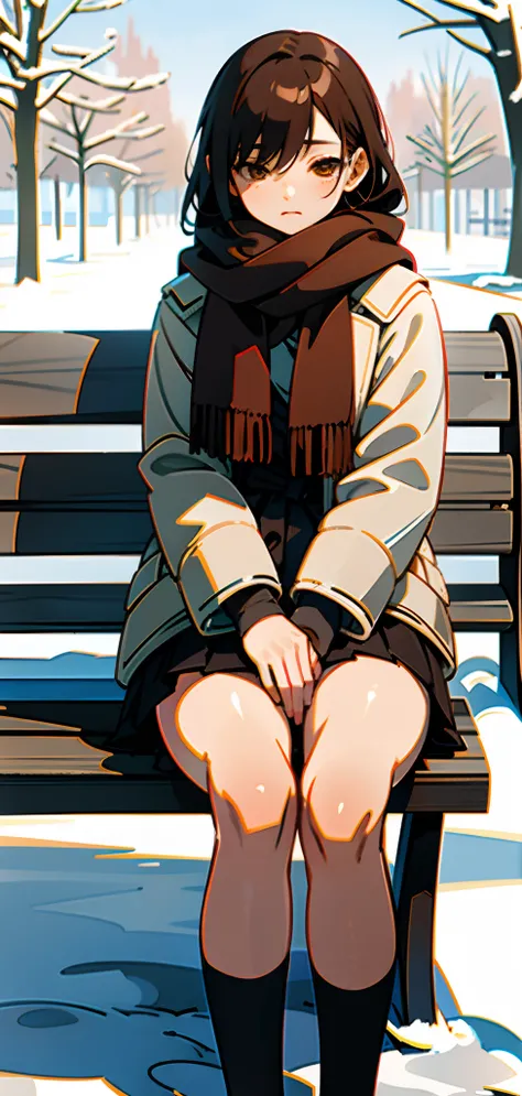 (masterpiece),(best quality), Yuki, brown fur, scarf, Knee thighs, blank eyes, expressionless face, park, waiting, bench, snow, Snowing, tree, Nature,