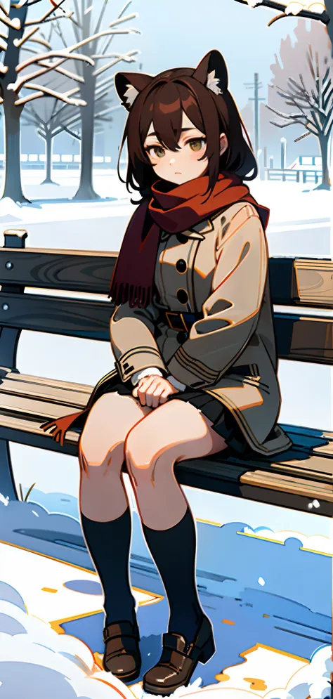 (masterpiece),(best quality), Yuki, brown fur, scarf, Knee thighs, blank eyes, expressionless face, park, waiting, bench, snow, Snowing, tree, Nature,