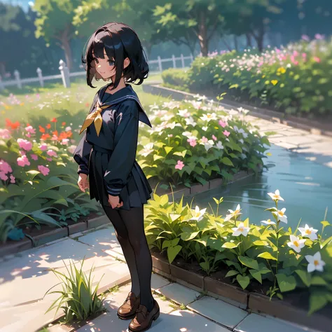 (Best Quality, hight resolution, Ultra-detailed, Realistic:1.37), peaceful ambiance, (plein air, garden), Teenage girl standing alone, Beautiful detailed features, Cute smile, ((Black bob hair)),Navy blue sailor suit, Pleated skirt,Black tights,Brown leath...