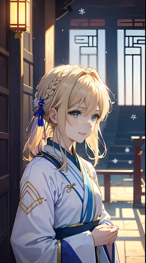 Violet，((Wear light blue Hanfu))，(Hanfu is decorated with snowflakes)，((There is 1 blonde hairpin on the back of the head))，((Traditional Chinese palace))，(((Blonde hair)))，(((blue color eyes)))，((((light grin)))),(((20yr old)))