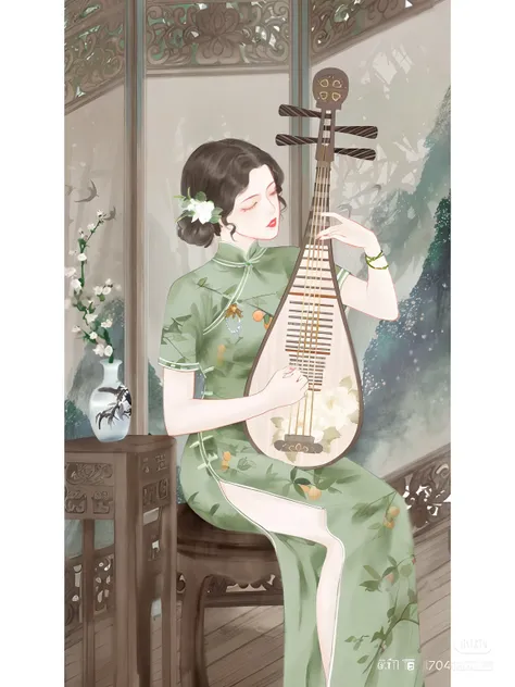 Drawing a woman in a green dress playing an instrument, Chinese style painting, is playing a lute, Chinese painting style, Traditional Chinese painting, Chinese watercolor style, inspired by Tang Yin, inspired by Gu Kaizhi, ancient china art style, author：...