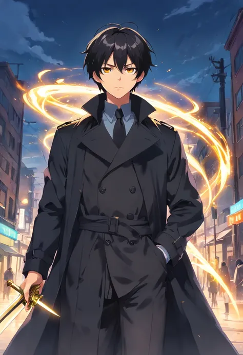 (a man, black hair, black trench coat, black hair, golden eyes, twin swords)