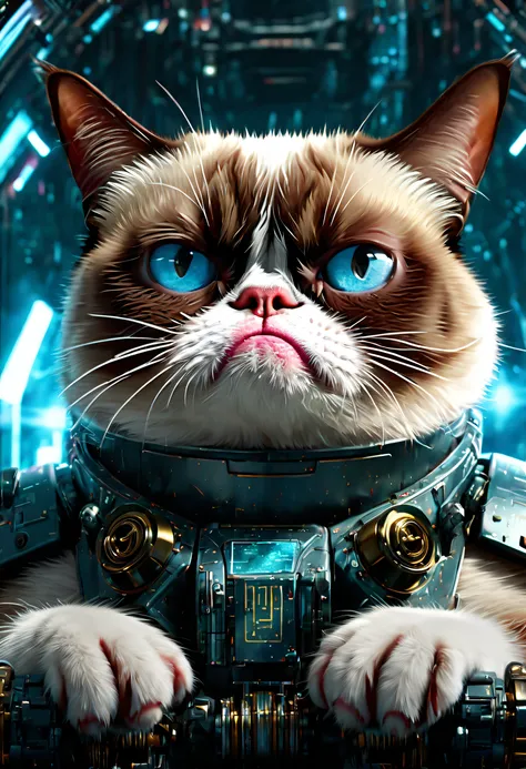 Biomechanical style, closeup portrait (Grumpy cat:1.25) in the space, Looking through the glass at the endless sadness and looking at the passing universe, John Williams 2D masterpiece, (Grumpy:1.2), (Cyberpunk:1.4), photo-realistic, The unimaginable beaut...