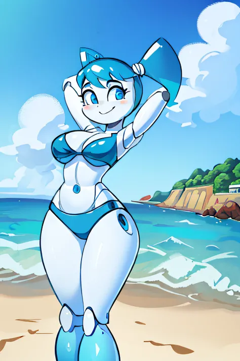 masterpiece, best quality, highres, cartoon style, beautiful and detailed portrait of jenny wakeman, sexy, seductive, smile, blue eyes, standind at the beach, hands behind her head, white, shiny, metallic robotic skin, robot joints, blue bikini