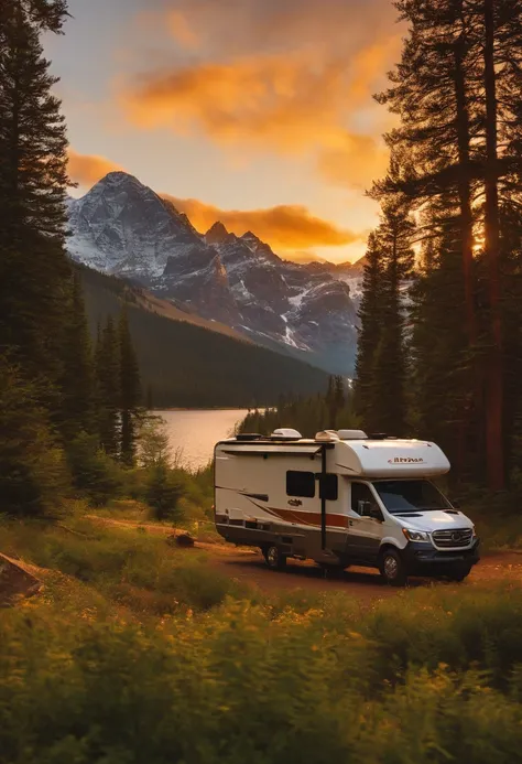 RV camping，Pop Art，Albert Bierstadt，The Great Outdoors，Close-up shot，golden hour，