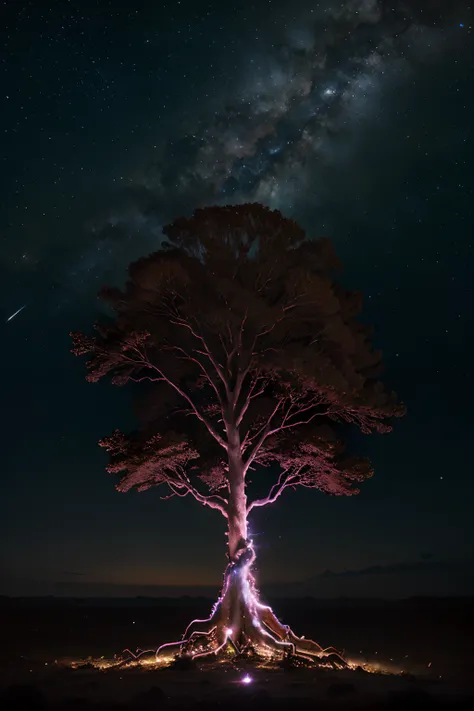 "Produce an artistic representation of the World Tree, its roots delving deep into the colorful gases of a celestial nebula, and its branches touching distant stars."