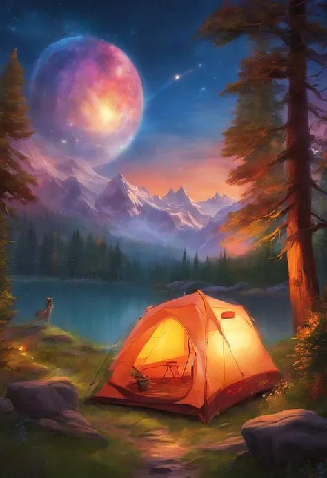 RV camping，Pop art，Albert Bierstadt，Great outdoor activities，Close-up shot，prime time，