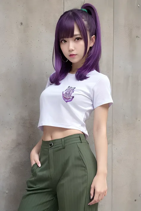 ((masutepiece)), ((Best Quality)), ((hight resolution)), 1girl in, Solo, bobby, (Matching pants, slacks), urban backdrop, (Pistol holding and aiming, Detailed pistol, Glock 22, trigger discipline), Standing, Medium Hair, (Purple hair, Twin-tailed), (Green ...