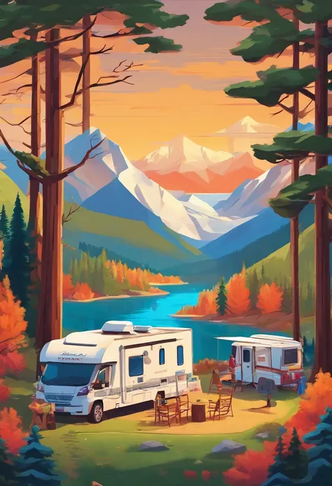 RV camping，Pop art，Albert Bierstadt，Great outdoor activities，Close-up shot，prime time，