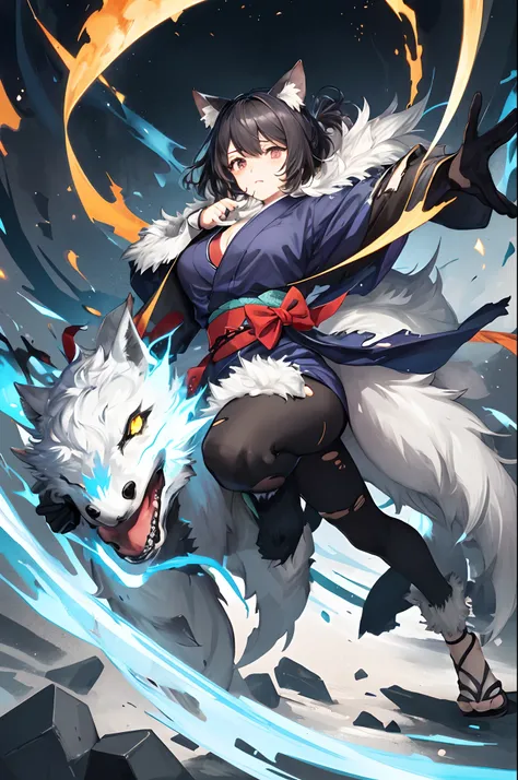 social game, unit illustration, cover_page, 1girl, solo, fighting pose, torn clothes, yukata, furry, kemono((animal body, detailed body fur))full body,maze, disorder, unhealthy, depressed, despair, misanthrope,