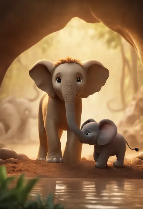 Good cartoon lion, Helping a baby elephant get out of a muddy hole. Make sure the lion and elephant are smiling and show a savannah environment around