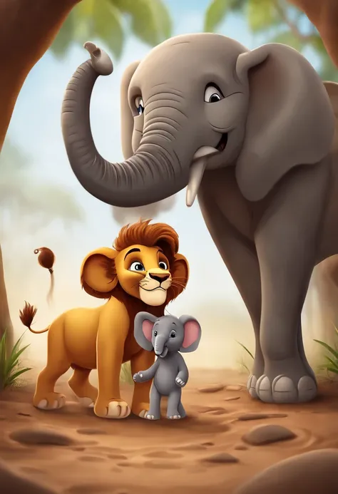 Good cartoon lion, Helping a baby elephant get out of a muddy hole. Make sure the lion and elephant are smiling and show a savannah environment around