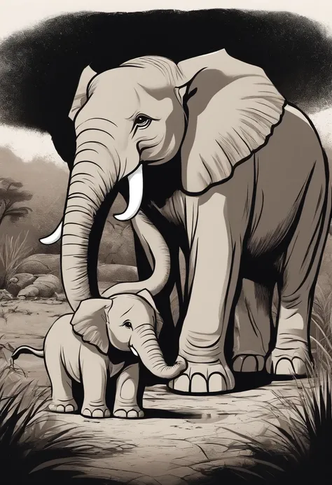 Good cartoon lion, Helping a baby elephant get out of a muddy hole. Make sure the lion and elephant are smiling and show a savannah environment around