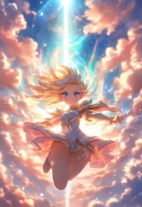 foreshortening,  profundidade de campo, master part, best quality, 1Elf Girl, white hairs, olhos dourados,  cabelos longos, GLIDING IN THE SKY, bolha de ar, nuvens, sozinho, Olhando para o Viewer, Vestido branco, elegante,  luz solar fraca,