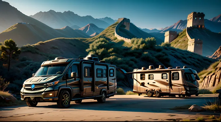 masterpiece, concept art, fantasy theme, (a fantasy RV vehicle:1.5), cozy, camping, vibrant color, fantasy mythical ancient ruins background, volumetric lighting, global illumination, reflection, HD,At the foot of the Great Wall,close shot