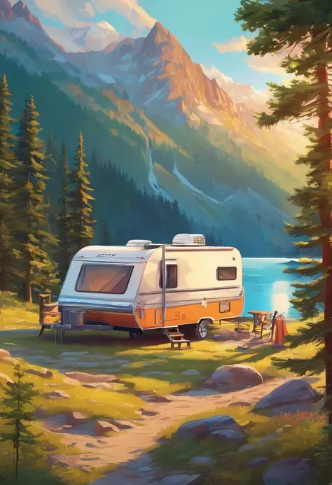 RV camping，Pop art，Albert Bierstadt，Great outdoor activities，Close-up shot，prime time，