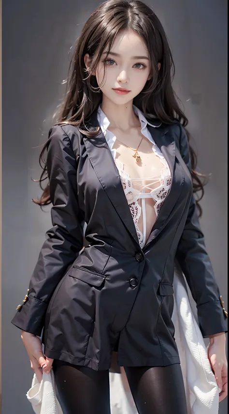 meeting room, Black jacket in business suit, White blouse with collar, ((The lower part of the body is bare)), White small panties with lace, Smiling smile, (NSFW), 1womanl, 独奏, 24 year old, 7headed body, (Ideal ratio body proportions), (Composition from h...